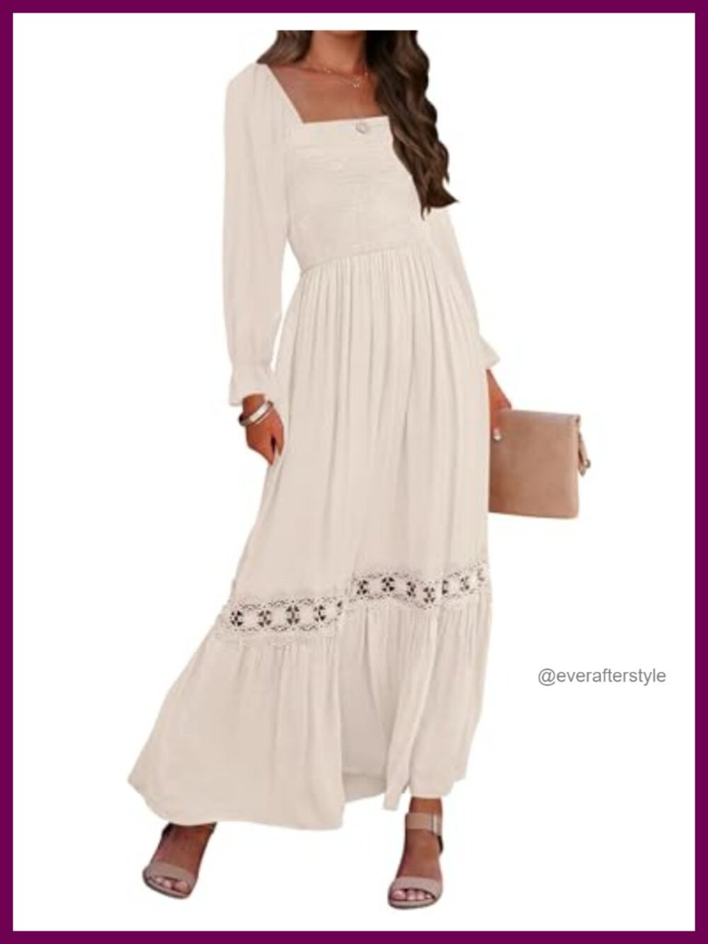 Boho Long Sleeve Maxi Dress Smocked Square Neck Backless Lace Trim
